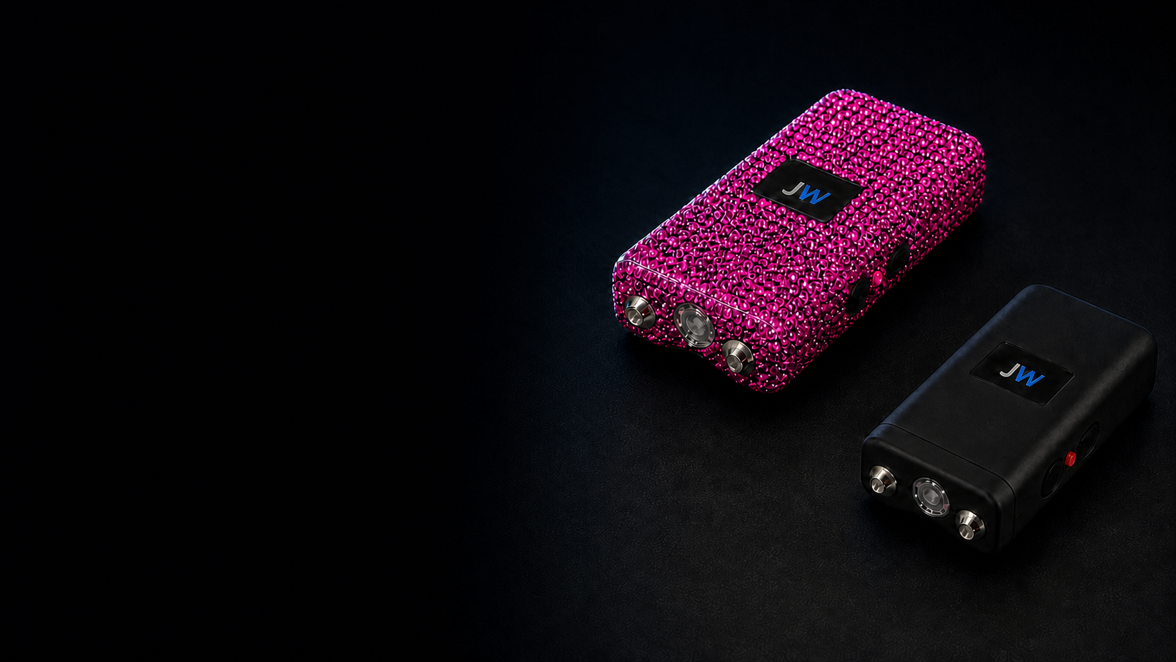 JW-800 stun guns in pink rhinestone and standard black finishes