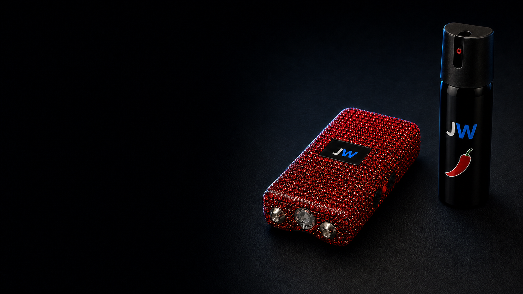 Red rhinestone JW-800 stun gun and JW branded pepper spray