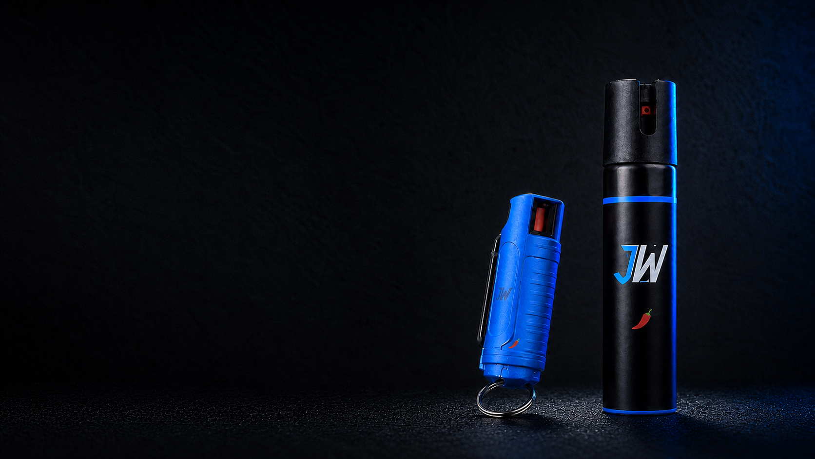 JW Safety Palm Mini in signal blue and NATO Formula pepper sprays in branded finishes